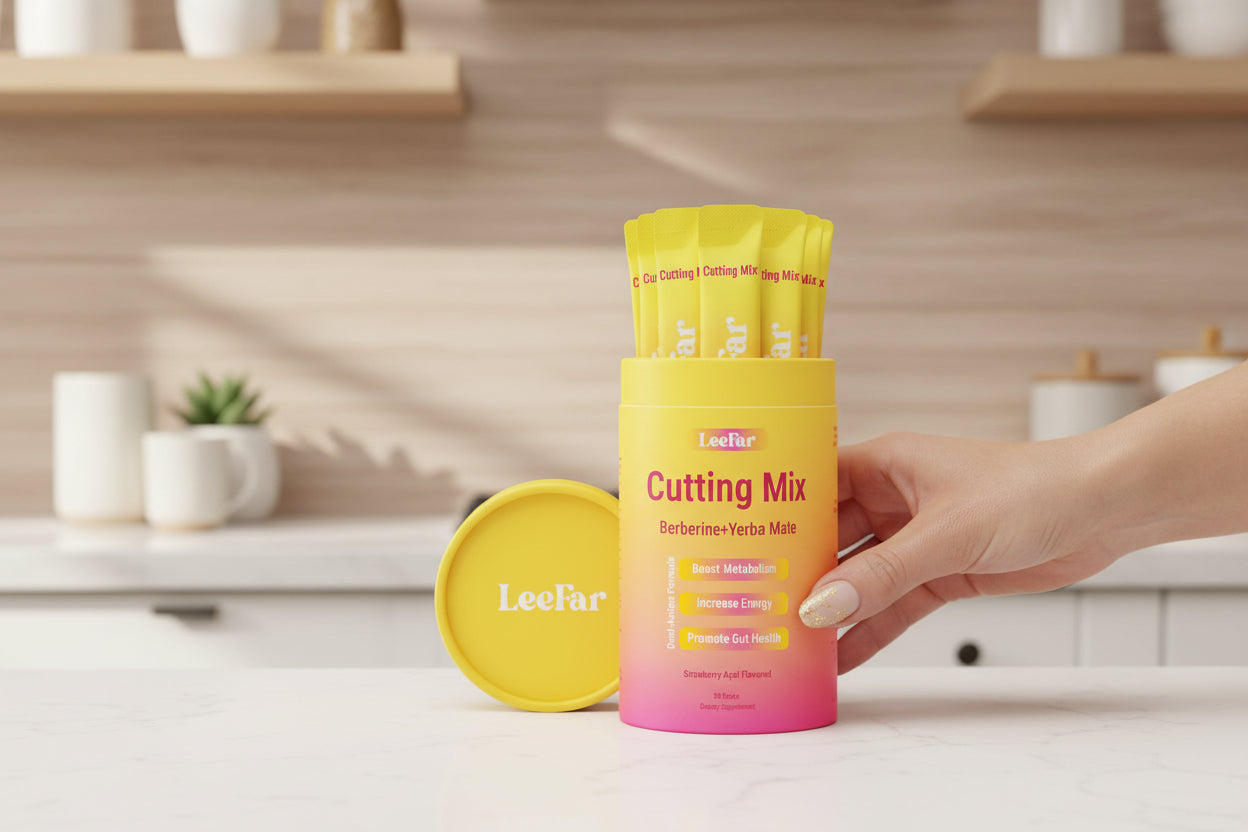 LeeFar Cutting Mix packaging with yellow and pink gradient on a white background